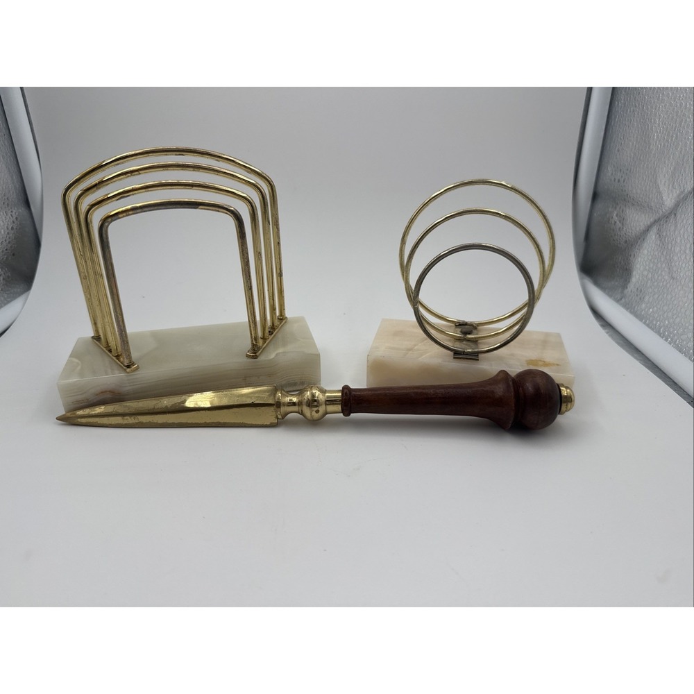 Art Deco Polished Onyx Stone Letter Mail Holder & Opener MCM Old Money Office